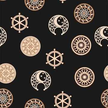 Seamless pattern ancient Slavic symbols. Star of the arkgamma, kolovrat, tr.. Stock Illustration