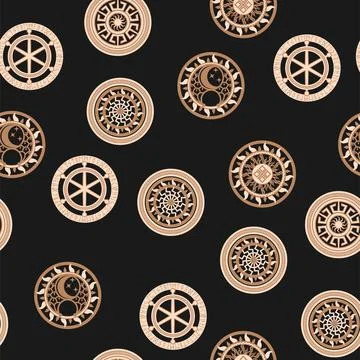 Seamless pattern ancient Slavic symbols. Star of the arkgamma, kolovrat, tr.. Stock Illustration