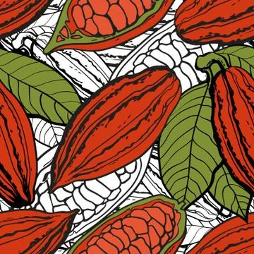 Seamless pattern and background of chocolate brown cocoa beans in pods and with Illustrazione stock