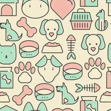 Seamless pattern and background with thin line icons related to pets Illustrazione stock