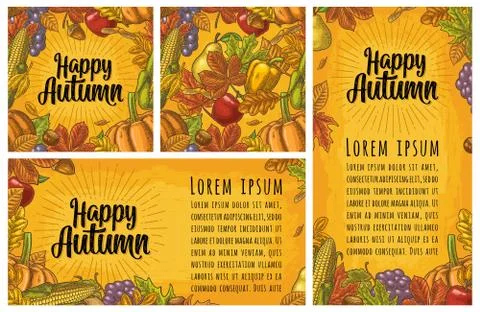 Seamless pattern and poster leaf, chestnut, fruits, vegetables. Happy Autumn Stock Illustration