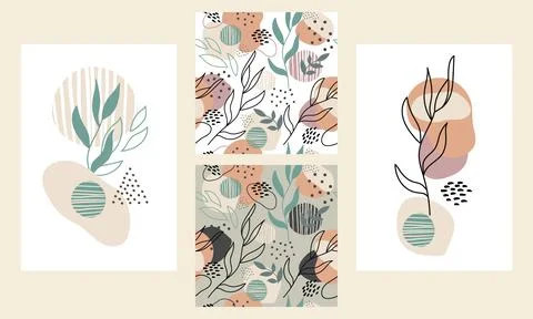 Seamless pattern and posters with abstract leaves and dots vector Stock Illustration