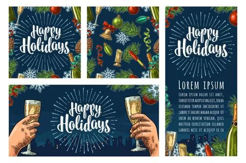 Seamless pattern and posters with Happy Holidays lettering Illustrazione stock