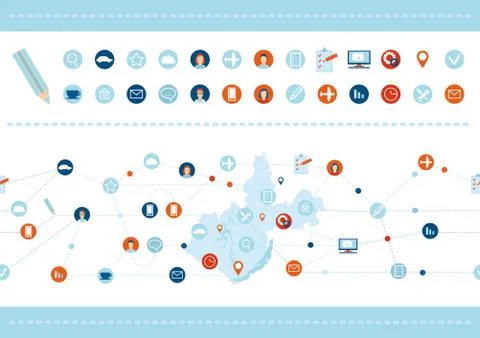 Seamless pattern and set of flat design icons for business, seo 스톡 일러스트