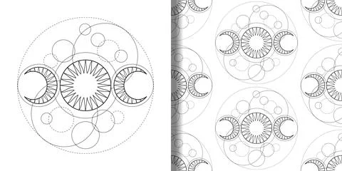 Seamless pattern and t shirt print set with triple moon magic and tattoo symbol Stock Illustration