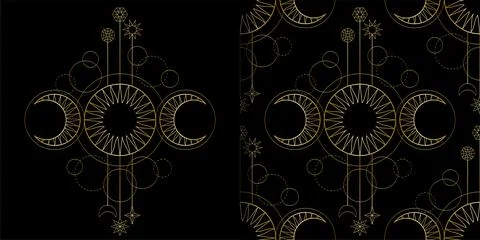Seamless pattern and t shirt print set with triple moon magic and tattoo symbol Stock Illustration