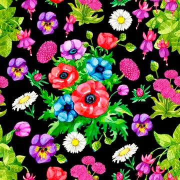 Seamless pattern with Anemone, Daisy and Fuschia flower on black background.  Illustrazione stock