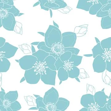 Seamless pattern of anemone flower blue silhouettes Stock Illustration
