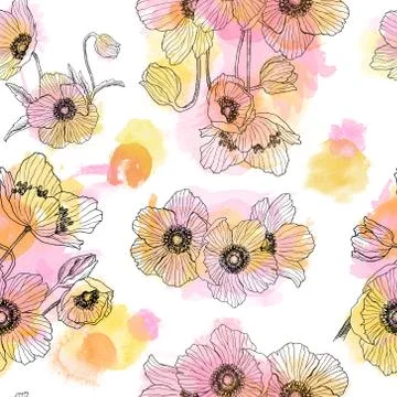 Seamless pattern of Anemone flower linear drawing with watercolor spots. Summer Stock Illustration