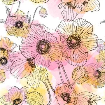Seamless pattern of Anemone flower linear drawing with watercolor spots. Summer Stock Illustration