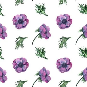 Seamless pattern with anemone flowers and green leaves in Bright purple colors Stock Illustration