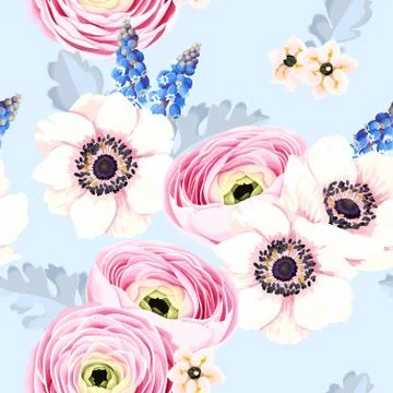 Seamless pattern with anemones and ranunculus Stock Illustration