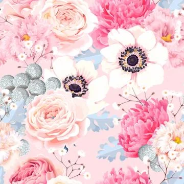 Seamless pattern with anemones and roses Stock Illustration