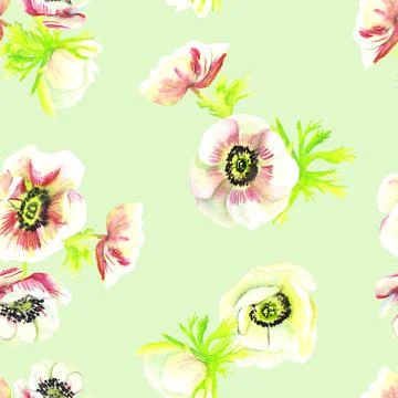 Seamless pattern of anemones on a yellow background watercolor Stock Illustration