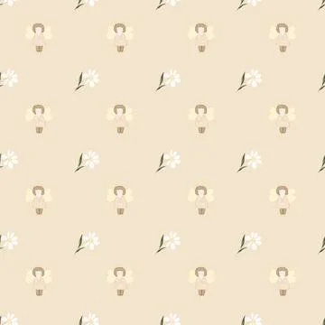 Seamless pattern of angels and daisies. cute elegant pattern for printing on Stock Illustration