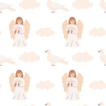 Seamless pattern with angels and doves. Background on religious theme. Stock Illustration