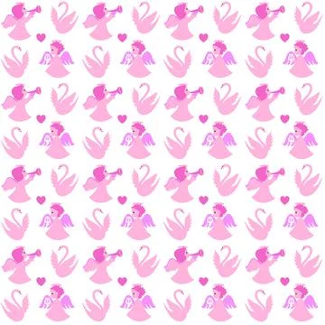 Seamless pattern with angels and swans Stock Illustration