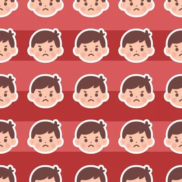 Seamless Pattern of Angry Crying Boy Emoticon Faces on Red Striped Background イラスト素材