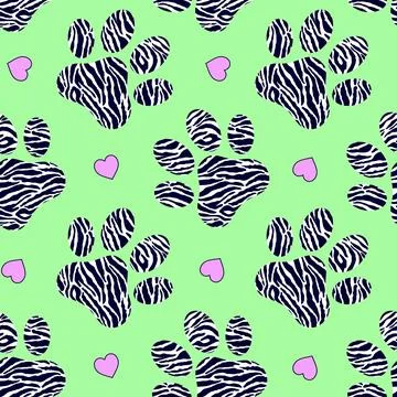Seamless pattern with  animal paws and hearts on green background. Stock Illustration