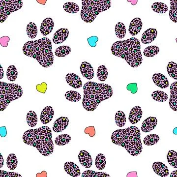 Seamless pattern with  animal paws and hearts on white background. Stock Illustration