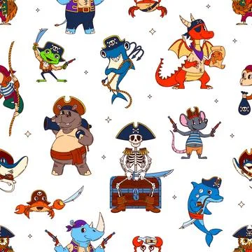 Seamless pattern of animal pirate characters 스톡 일러스트