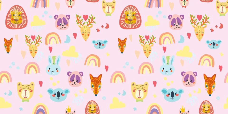 Seamless pattern with animal, rainbow, clouds and stars in pastel colors 스톡 일러스트