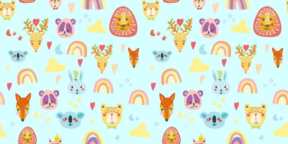 Seamless pattern with animal, rainbow, clouds and stars in pastel colors Stock Illustration