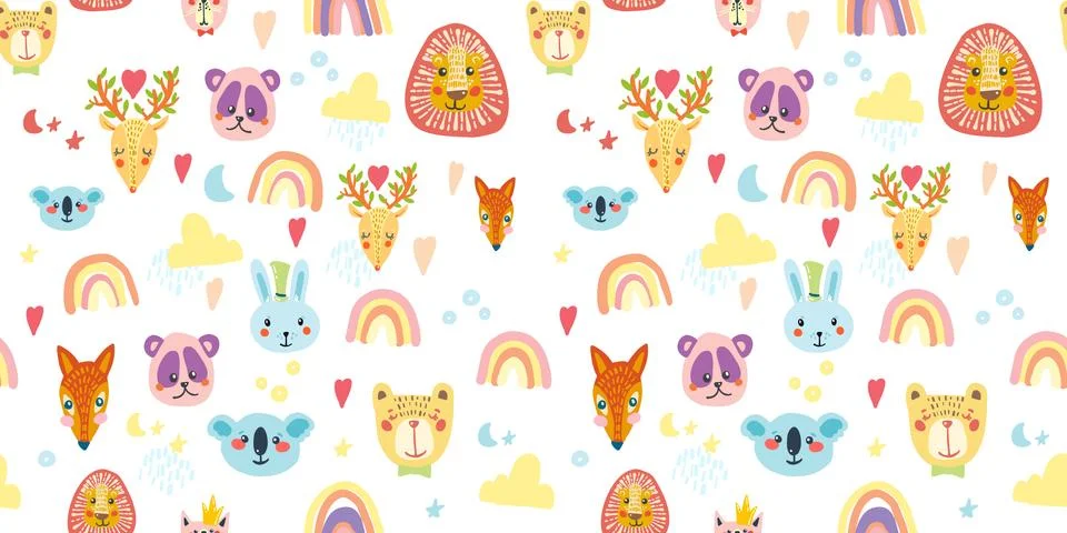 Seamless pattern with animal, rainbow, clouds and stars in pastel colors Illustrazione stock