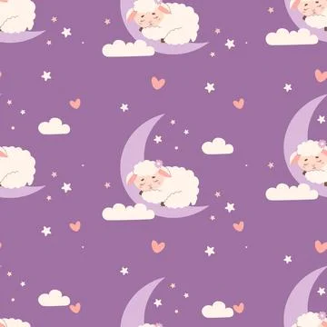 Seamless pattern with animal sleeping sheep on moon on purple background. V.. Stockillustratie