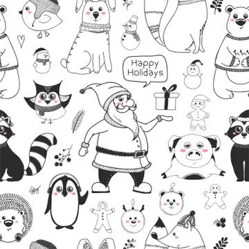 Seamless pattern with animals and different christmas elements. Vector Illustrazione stock