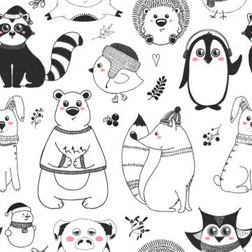 Seamless pattern with animals and different christmas elements. Vector イラスト素材