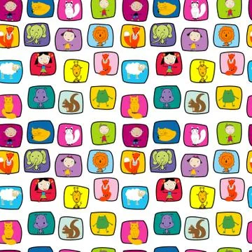 Seamless pattern with  animals and kids in doodle style Stock Illustration