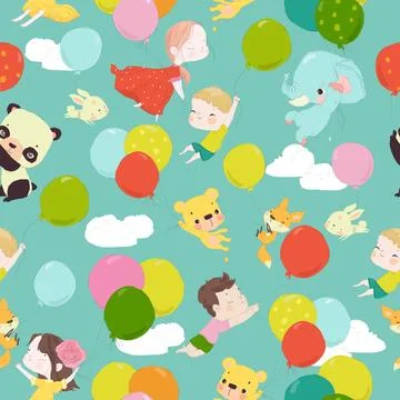 Seamless Pattern with Animals and Kids flying with Balloons in the Sky Stock Illustration