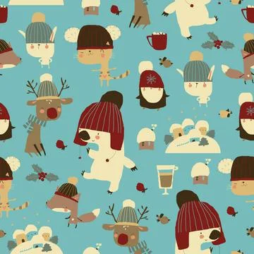 Seamless Pattern with Animals celebrating Winter Holidays Stock Illustration