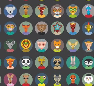 Seamless pattern animals faces circle icons set in Trendy Flat Style. zoo inf Stock Illustration