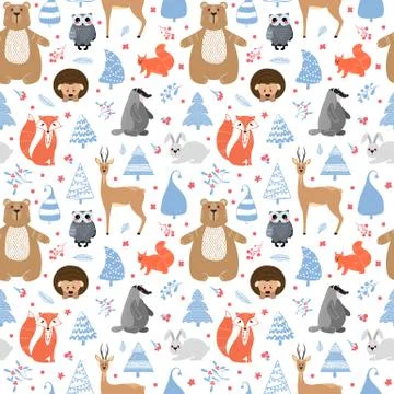 Seamless pattern with animals: fox, badger, squirrel, owl, deer, doe, roe dee 스톡 일러스트