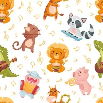 Seamless Pattern with Animals Playing Musical Instrument Vector Template Stock Illustration