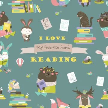 Seamless pattern with animals reading books Stock Illustration