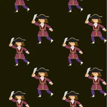 Seamless pattern of animated female pirates with swords in purple attire Stock Illustration