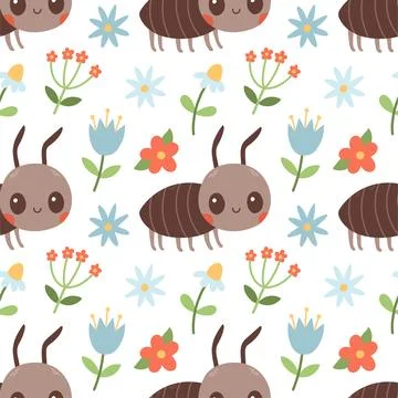 Seamless pattern of ant, red blue flowers and green leaf on white background Stock Illustration