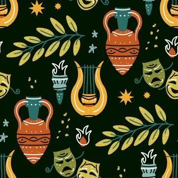 Seamless pattern with antique amphora, harp, olive branch, torch, mask Stock Illustration