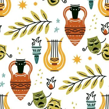 Seamless pattern with antique amphora, harp, olive branch, torch, mask Stock Illustration