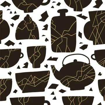 Seamless pattern with Antique Kintsugi restoration technique. Gold crack on Stock Illustration