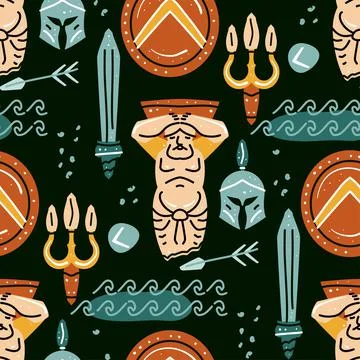 Seamless pattern with antique statue of man, shield, sword, helmet, meander Stock Illustration