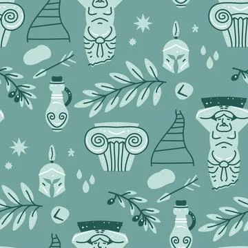 Seamless pattern with antique statue of man, column, olive, vase Stock Illustration