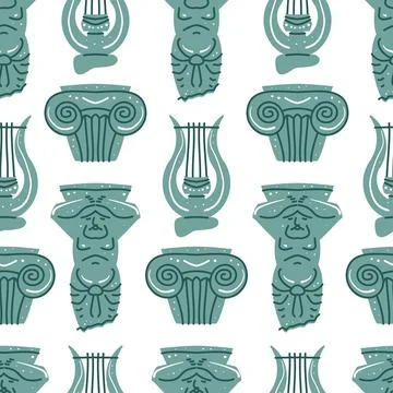 Seamless pattern with antique statue of man, column, harp Stock Illustration
