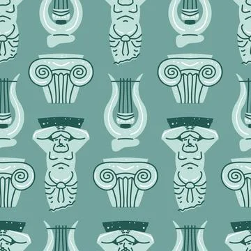Seamless pattern with antique statue of man, column, harp Stock Illustration