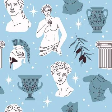 Seamless pattern antique statues. Ancient greek sculpture elements, hipster Stock Illustration