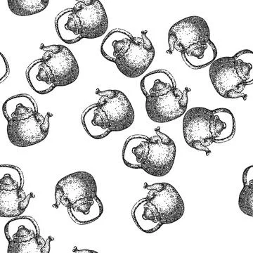 Seamless pattern antique tea kettle kitchen utensil retro sketch hand drawn Stock Illustration
