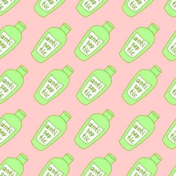 Seamless pattern with antiseptic hands. Personal hygiene product. Sanitizer d Stock Illustration